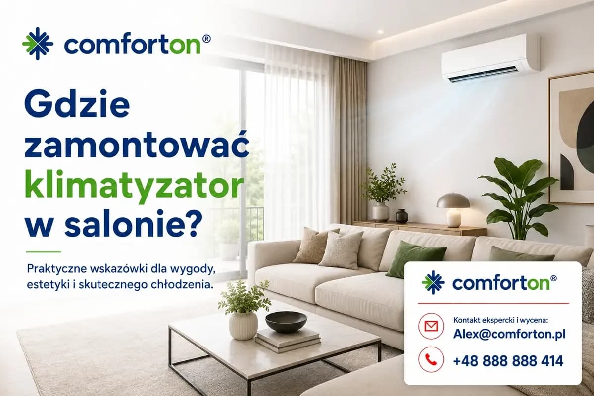 Jednostka ścienna klimatyzatora zamontowana pod sufitem w salonie, z nawiewem wzdłuż pomieszczenia ponad strefą wypoczynkową