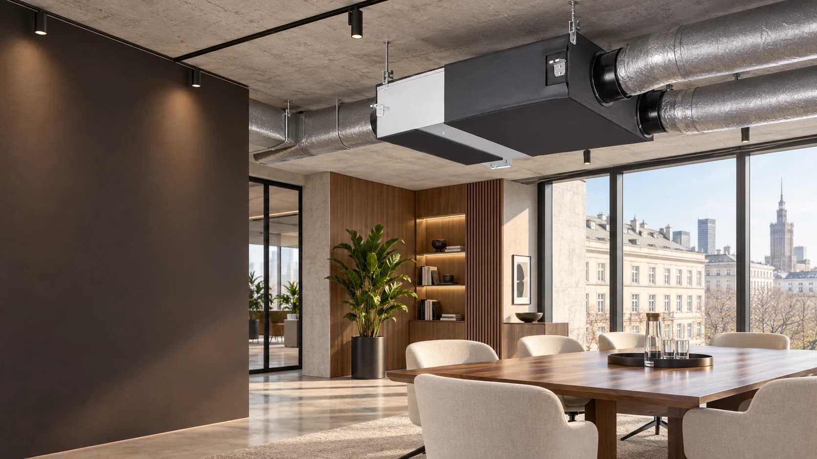 Wizualizacja centrali Daikin VAM500J8 podwieszonej pod otwartym sufitem w biurze